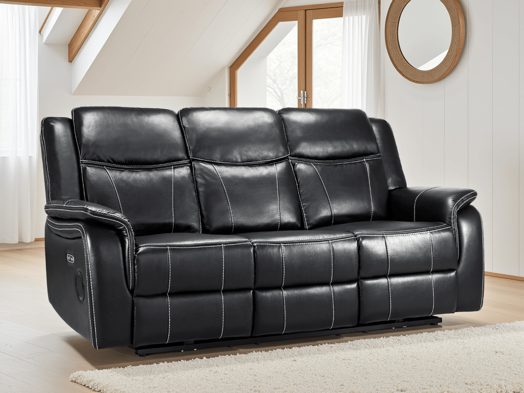 Jungle Electric Recliner 3 Seater Black Leather - Sofa Sloth