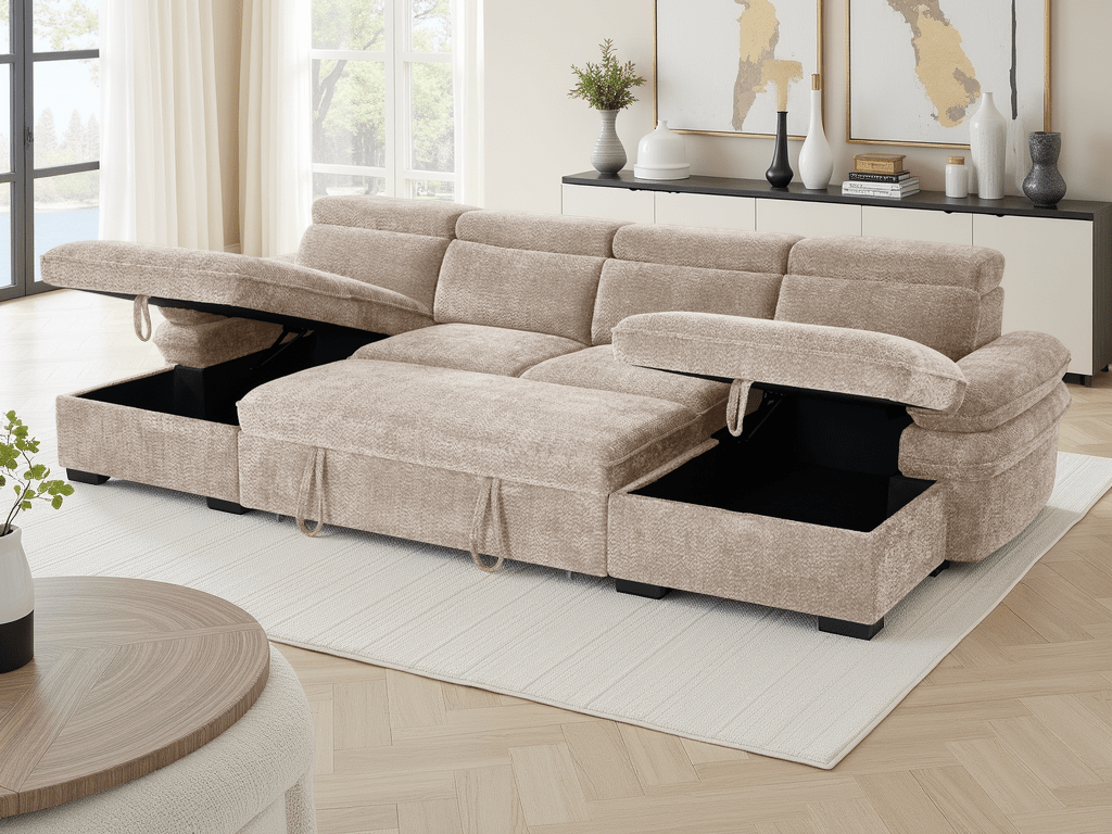 Huddle Sofabed Beige U Shape Corner - Sofa Sloth